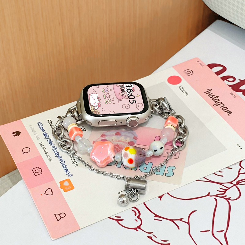 Suitable for iWatch Strap New Apple Watch Strap Cute Bracelet Biscuit Kitten Bear Beaded Series Suitable for iWatch Strap New Apple Watch Strap Cute Bracelet Biscuit Kitten Bear Beaded Series