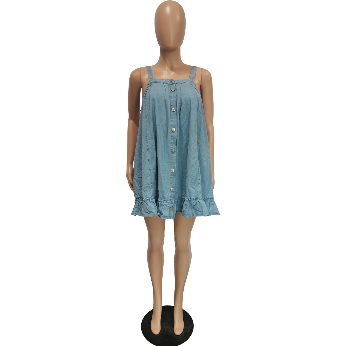 women's clothing Solid color suspenders button pocket loose washed denim dress_mkmklike.com