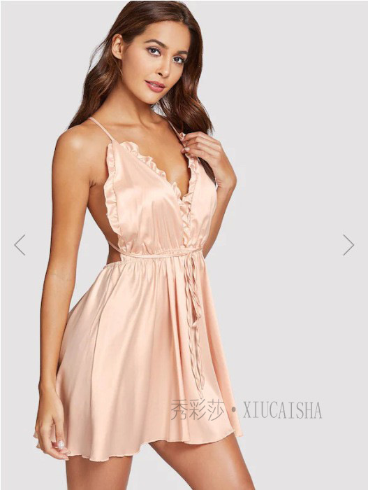 Backless Sling Babydoll Nightgown with Thong, Shrimp Pink, XXL — detail image 6