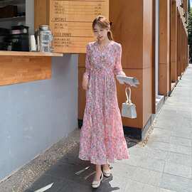 粉色碎花长袖连衣裙女2025夏季新款中长裙气质收腰显名媛超仙女