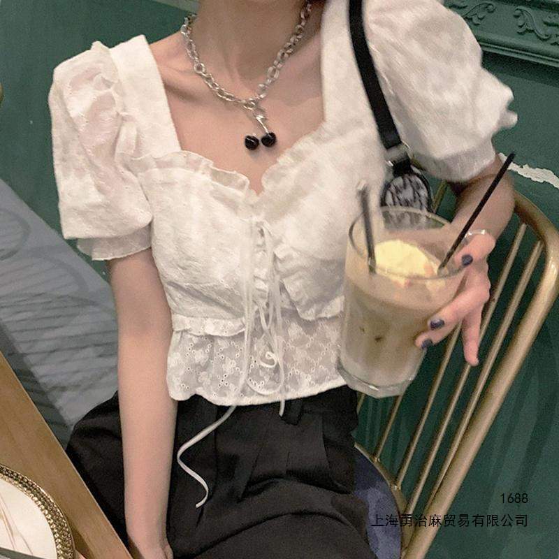 2026 New Design: Niche French Chic Puff Sleeve Short Top, Summer Thin Lace Shirt for Women