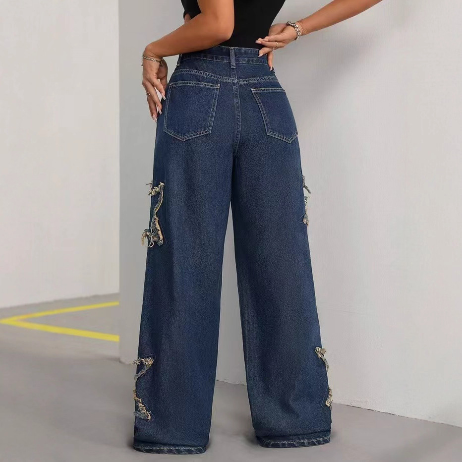 Jeans Rectos para Mujer de Algodón y Poliéster, Cintura Alta, Borde Deshilachado, para Uso Casual