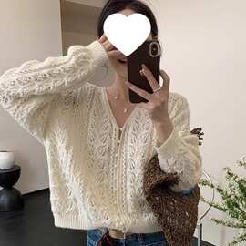 厂家直销v领镂空针织开衫外套毛衣女薄款外搭小个子春秋韩系小众