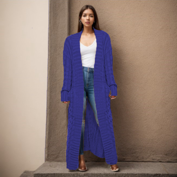 Damen-Strickjacke mit langen Ärmeln, einfarbig, langer Pullover, dicker Mantel_voghion.com