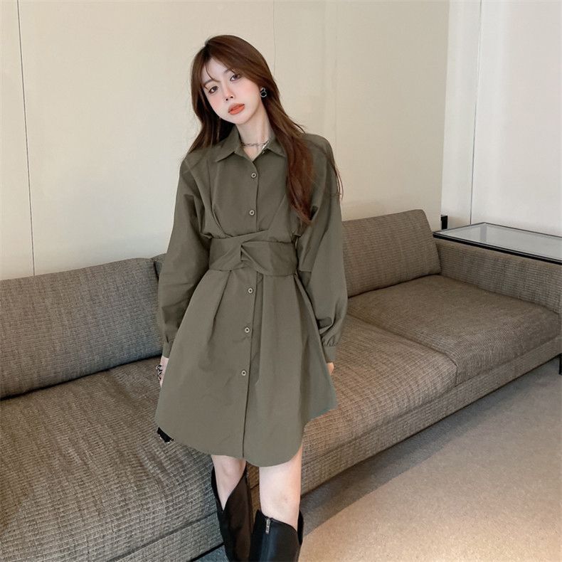 韩版新款穿搭法式设计感长绑带袖收腰衬衫连衣子+短裤两件套装秋|undefined