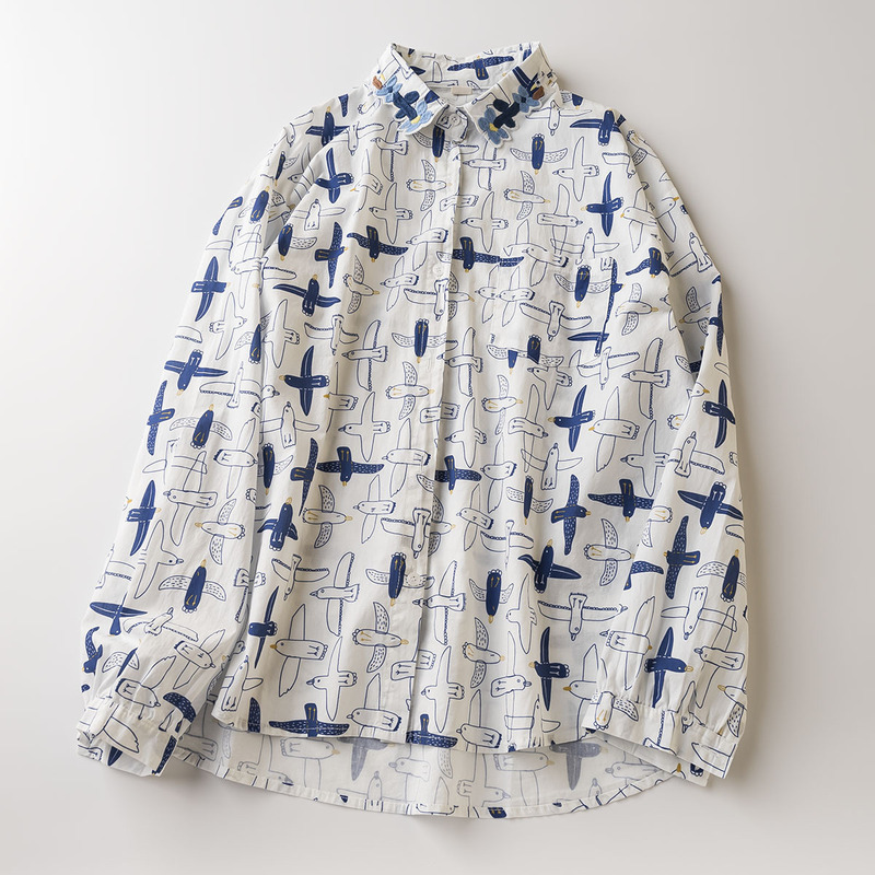 Seagull Printed Long-sleeved Shirt Women's Spring Style Loose Casual Nearline Embroidered All-match Trendy Top Seagull Printed Long-sleeved Shirt Women's Spring Style Loose Casual Nearline Embroidered All-match Trendy Top