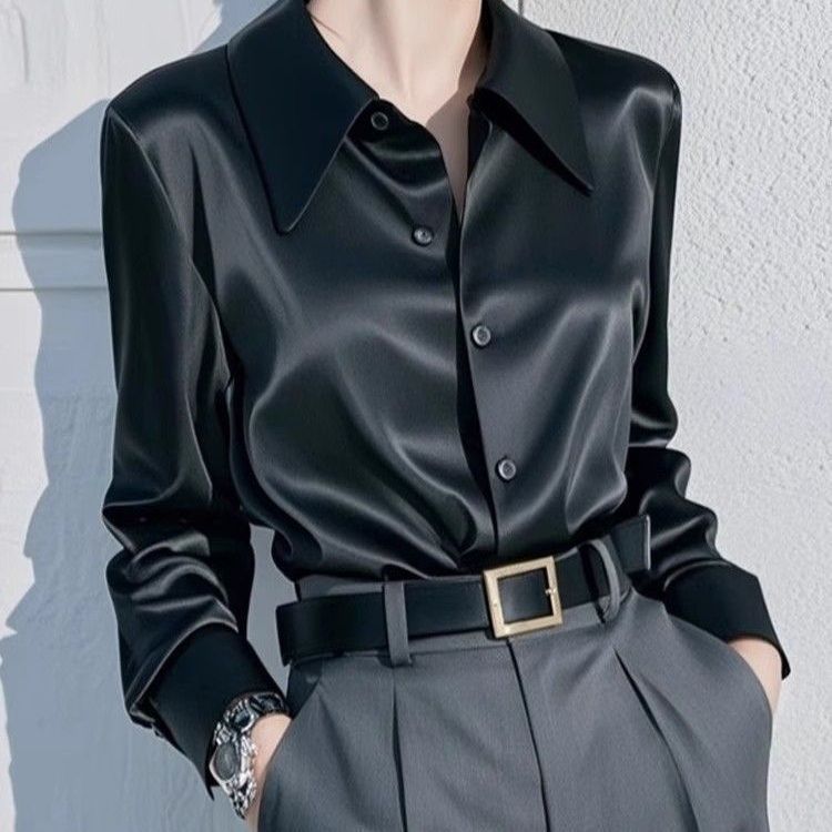 高级感气质翻领衬衫女长袖早春新款缎面职业上衣百搭显瘦衬衣|undefined