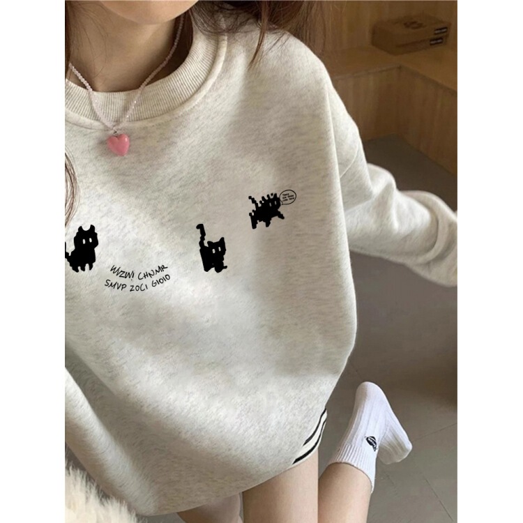 Cat White Gray Round Neck Hooded Sweatshirt for Women 2025 New Autumn and Winter Korean Style Unique Super Nice Top Jacket