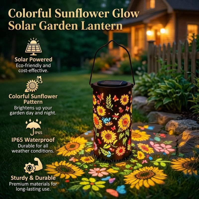 Solar Sunflower Colorful Projection Outdoor Decorative Light Courtyard Hollow Lantern_voghion.com