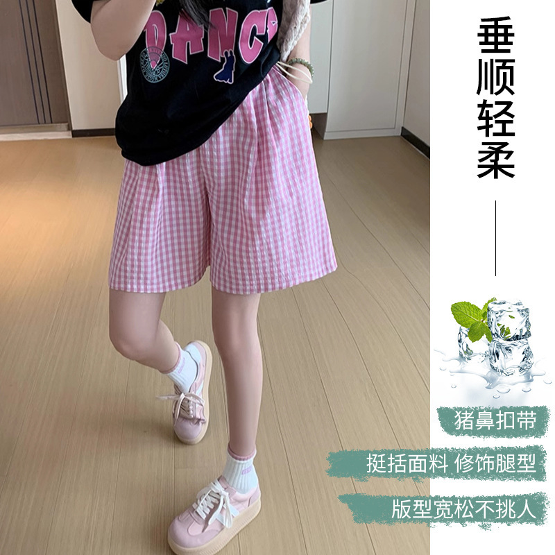 Maternity Shorts Retro Plaid Shorts Summer New High-Waisted Casual Slimming Blue Sports Wide-Leg Knee-Length Shorts