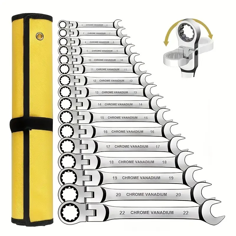 布袋16PC棘轮扳手72齿套装活动头多规格两用摇头帆布挂袋汽修工具