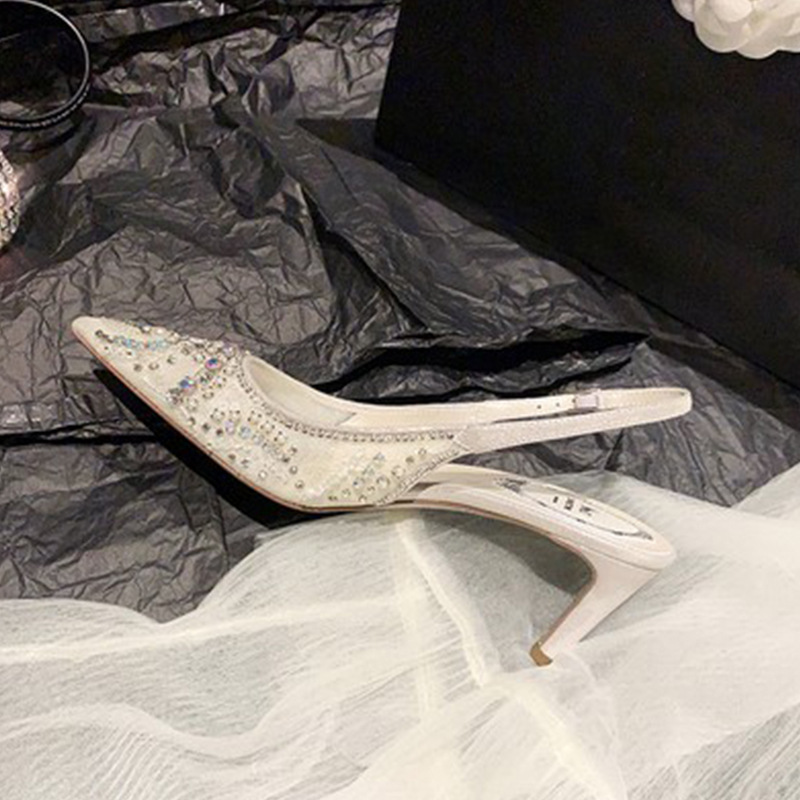 2022 New Spring and Summer Outfit Fashionable Shallow Mesh Pointed Gauze Rhinestone Pearl Rear Empty Heel High Heel Sandals Women's Shoes 2022 New Spring and Summer Outfit Fashionable Shallow Mesh Pointed Gauze Rhinestone Pearl Rear Empty Heel High Heel Sandals Women's Shoes