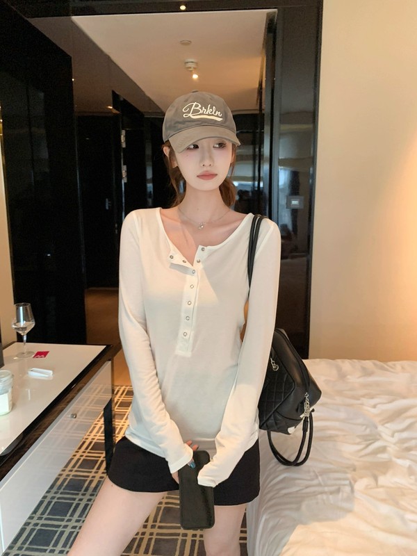 韩系半扣设计纯色修身长袖T恤女2025秋季新款气质显瘦百搭打底衫|undefined