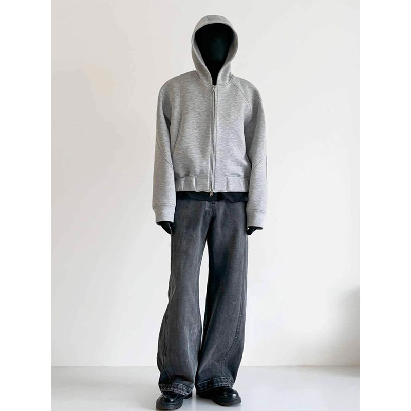 boy Space Cotton Boxy Fit American High Street Hooded Cardigan Short Sweatshirt Men Heavyweight Gray Zipper Top Jacket_voghion.com