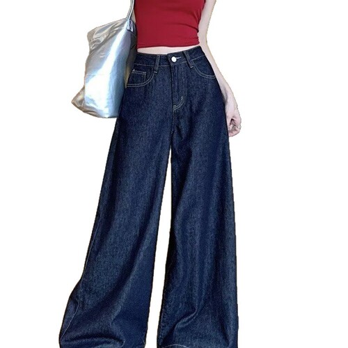 American high street washed denim wide-leg pants for women 2026 spring and autumn high-waist loose straight pants mopping pants trend
