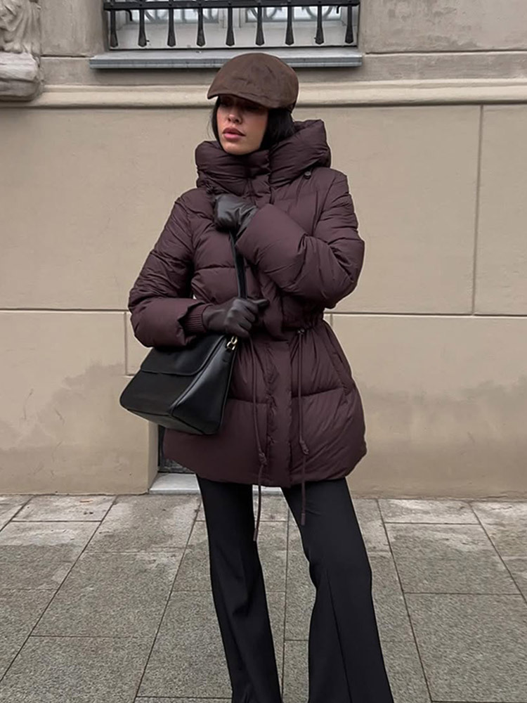 Casual estilo cálido color sólido encapuchado mangas largas abrigo de algodón de cintura retractable 2025 otoño y invierno nuevo estilo transfronterizo de Europa y Estados Unidos
