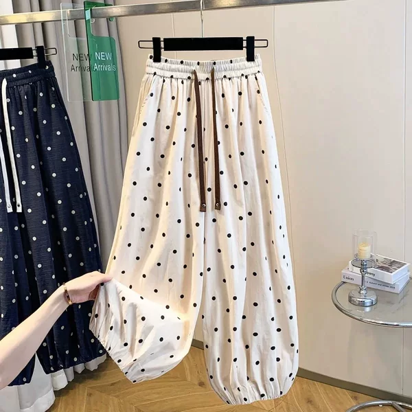 2025 Summer New Elastic High-Waisted Polka Dot Balloon Pants for Women, Loose Wide-Leg Versatile Cropped Harem Lantern Pants Trendy