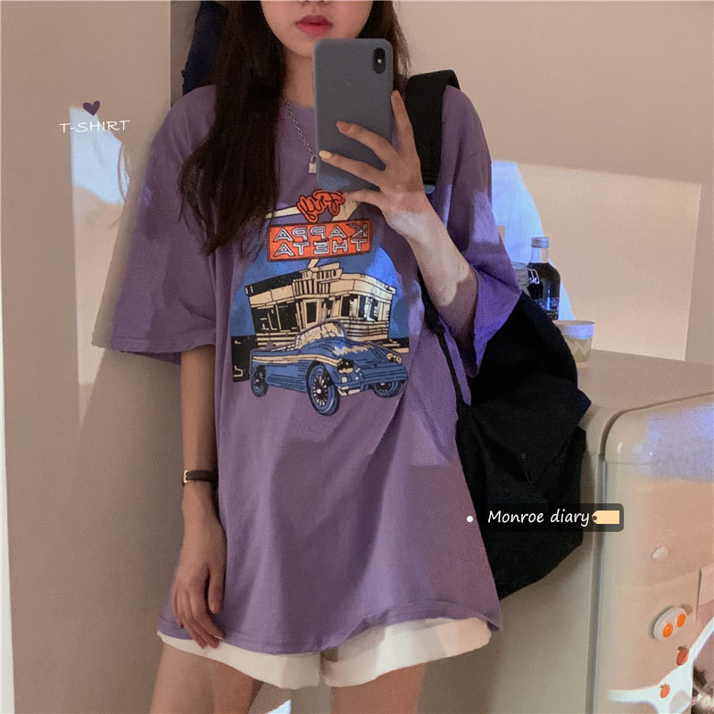 Dam t-shirt med cartoon tryck lös passform sommar topp_voghion.com