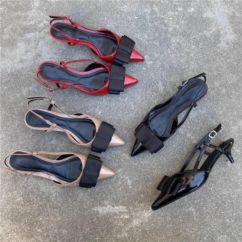 Foreign trade high-heeled closed toe sandals 2024 spring and summer bow fairy shoes niche high-end French pointed shoes