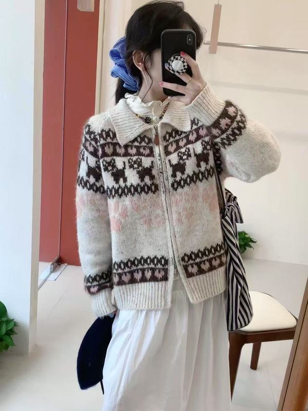 小狗费尔岛毛衣外套秋冬加厚款针织开衫女复古温柔软糯女装针织衫|undefined