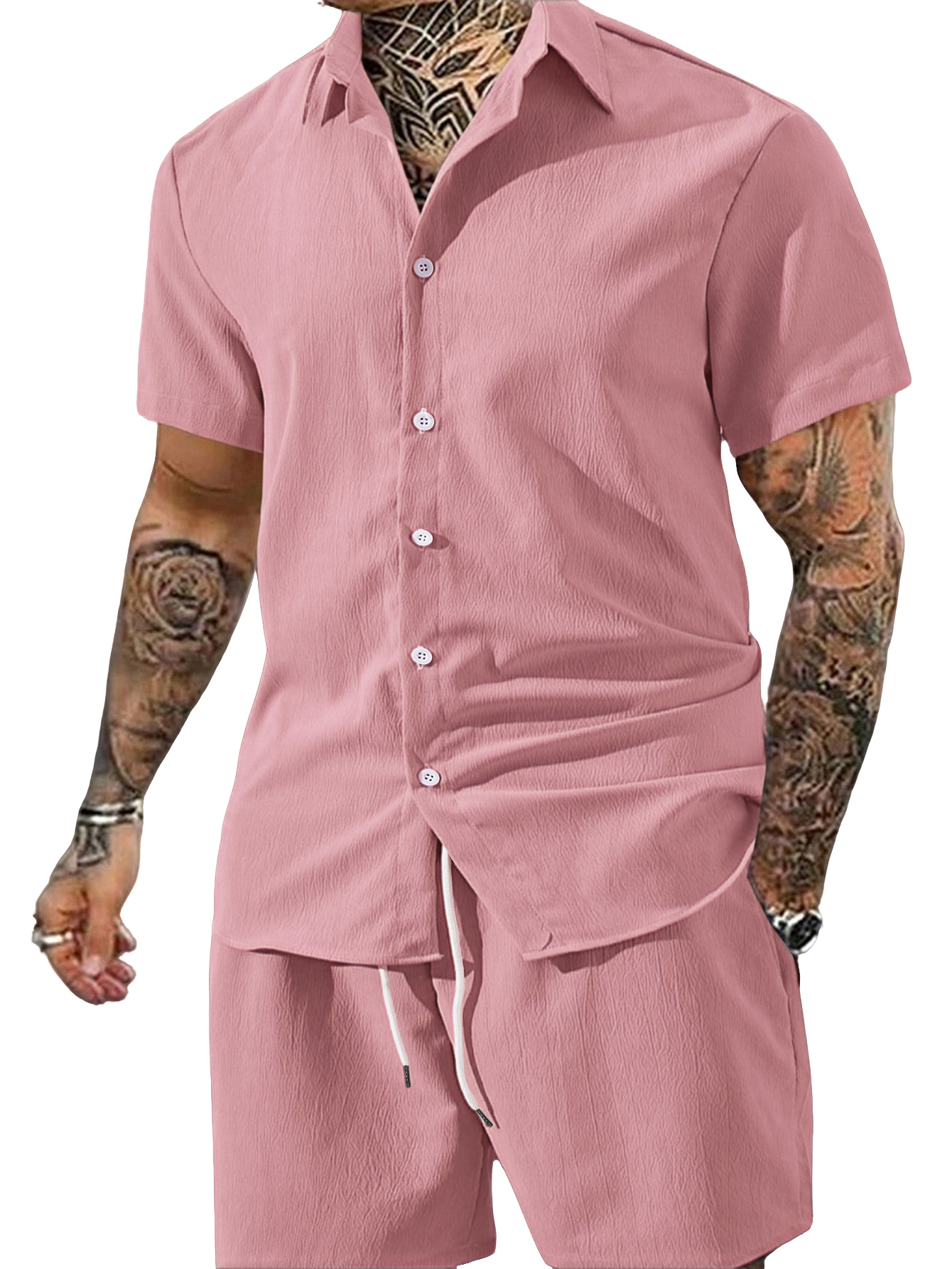 Nuevo transfronterizo Europa y América Amazon verano hombre nuevo color sólido camisa de botón de solapa de manga corta pantalones cortos set hombre