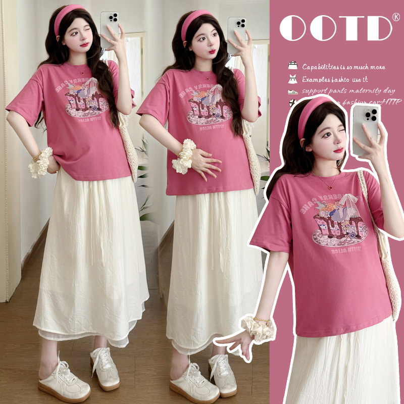 Maternity Summer Suit Fashionable Loose and Cute T-Shirt Top + Skirt Two-Piece Set Maternity Summer Suit Fashionable Loose and Cute T-Shirt Top + Skirt Two-Piece Set