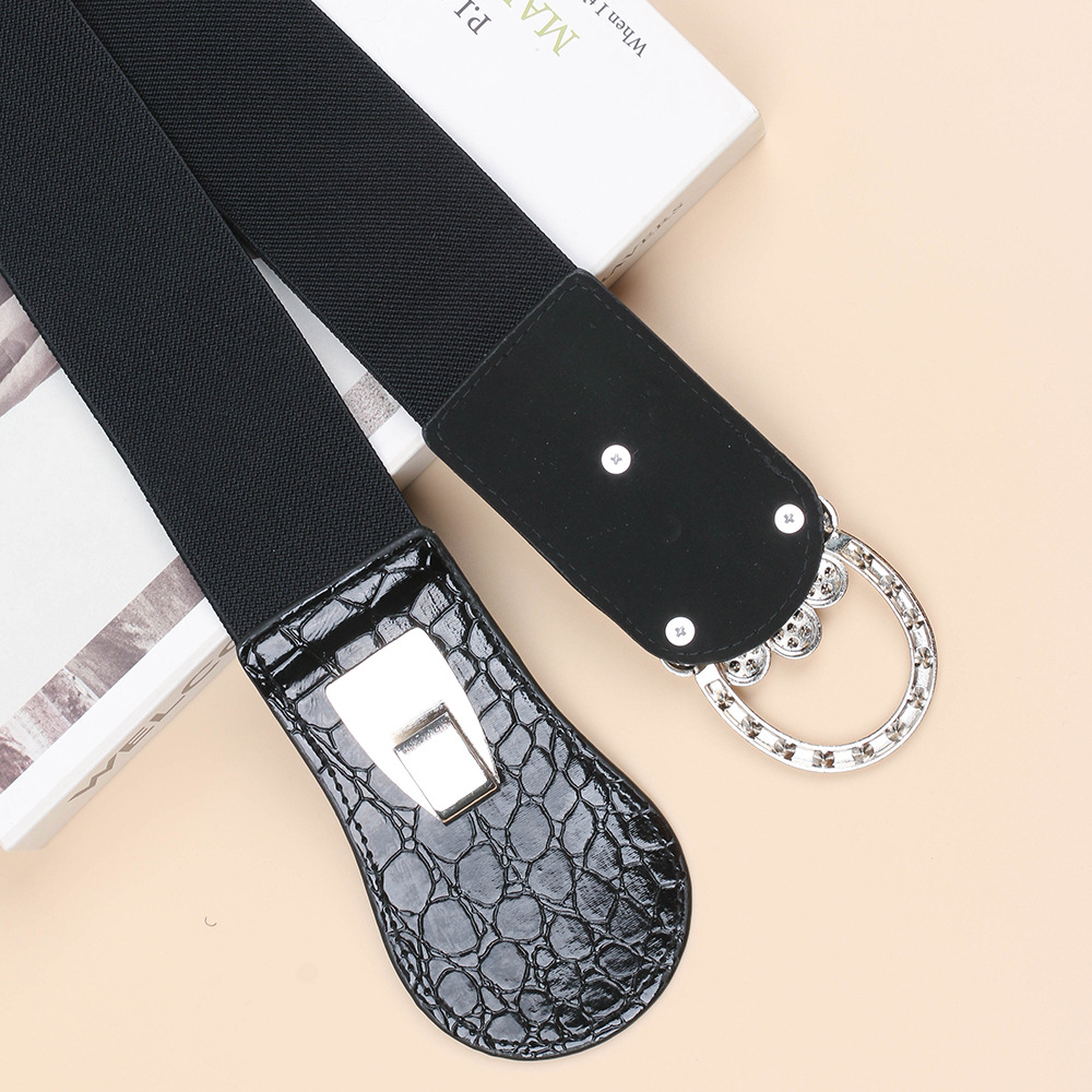 Cintura larga elastica nera alla moda da donna con decorazioni di diamanti, vestito, cappotto, chiusura in vita, strass, ragazza alla moda e paffuta_voghion.com