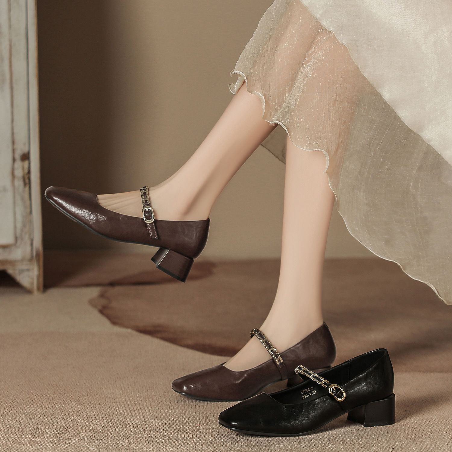 New Autumn And Winter High-heeled Shoes, Soft Leather, French Retro Style, Metal Strap Mary Jane, Chunky Heel, Square_vogvips.com