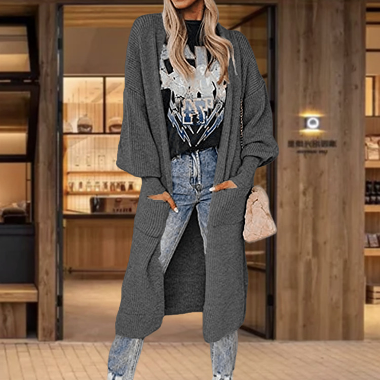 Damen Strickcardigan Mit Taschen Langarm Strickjacke Für Damen_voghion.com