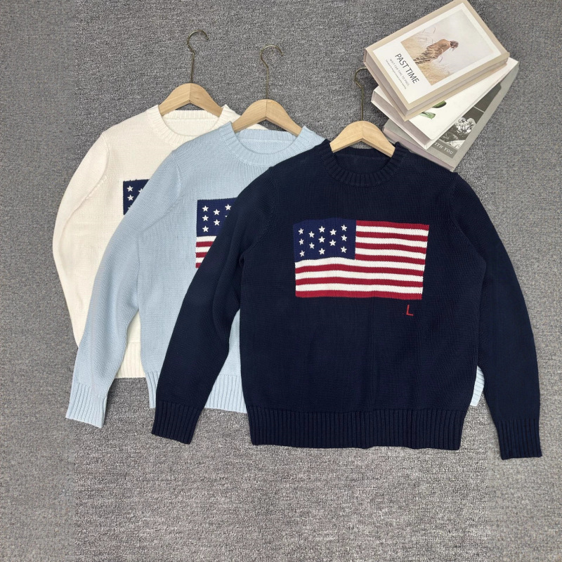 New Knitted Round Neck Pullover National Flag Pattern Sweater for Women Simple Loose Retro Sweater