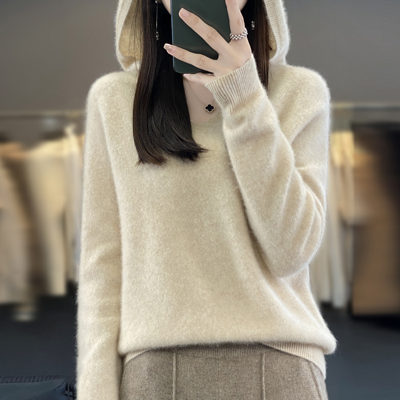 2024100 Soft Waxy Wool Hoodie for Women Manufacturer Wholesale Seamless Long-Sleeved Pullover Knitwear in Stock Fine Wool