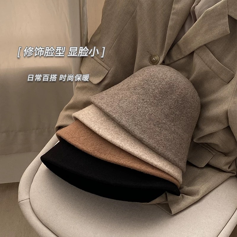 Australian Wool Bucket Hat For Women Autumn Winter Luxury High-End Face-Slimming Warm British Style Hat - Thumbnail 2
