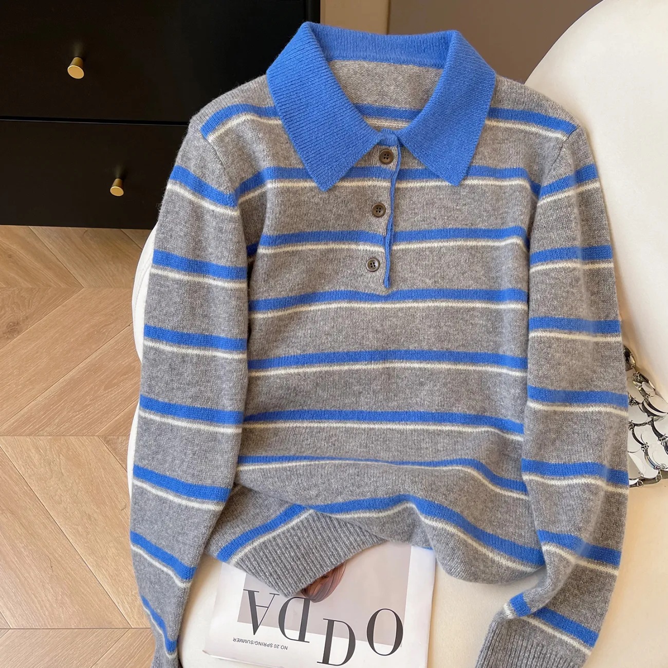 Colorful Stripesd Knitwear Women's Autumn and Winter New Loose Bottoming Long-Sleeved Polo Shirt Top Age-Reducing Lapel Knitwear