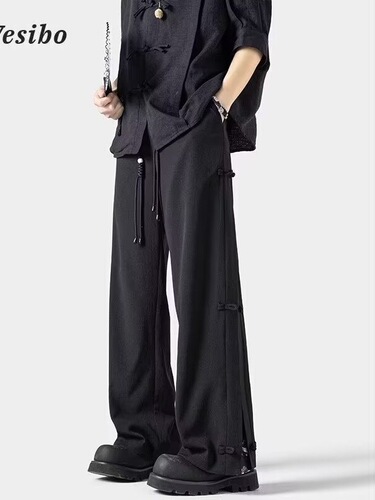Modern Chinese Style National Flavor Disc Belt Pants for Men - Summer New Arrival - Sensual Drape - Loose Straight Leg Wide Leg Casual Long Pants
