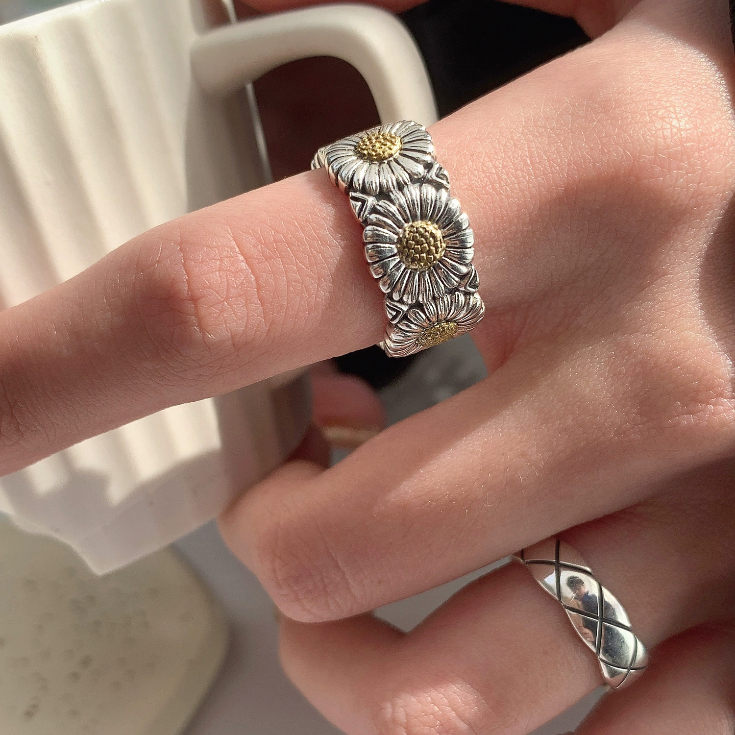 retro fashionable geometric ring hip-hop style, silver 925 sample, on index finger
