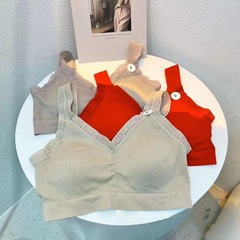 7387 Latex Fixed Cup Bra with Lace Edge, Front and Back V-Neck Stylish Back Support Tank Top Bra for Women, Clustering Sports Bra