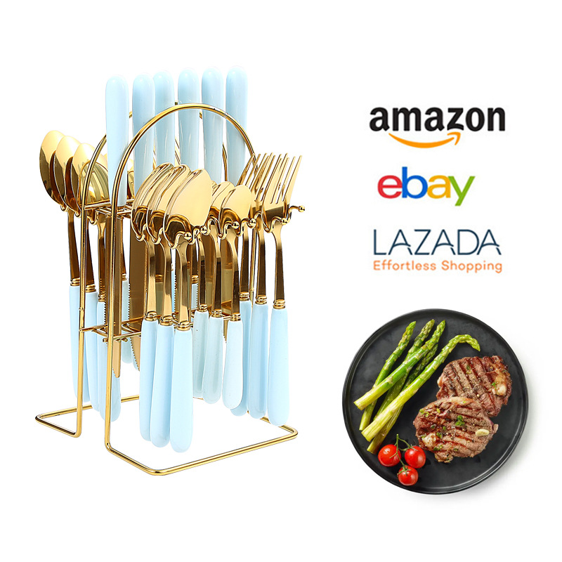 Amazon Tik Tok popular Luz de lujo de cerámica manejar cuatro piezas principales vajilla de acero inoxidable 24 piezas traje de cuchillos, tenedores y cucharas