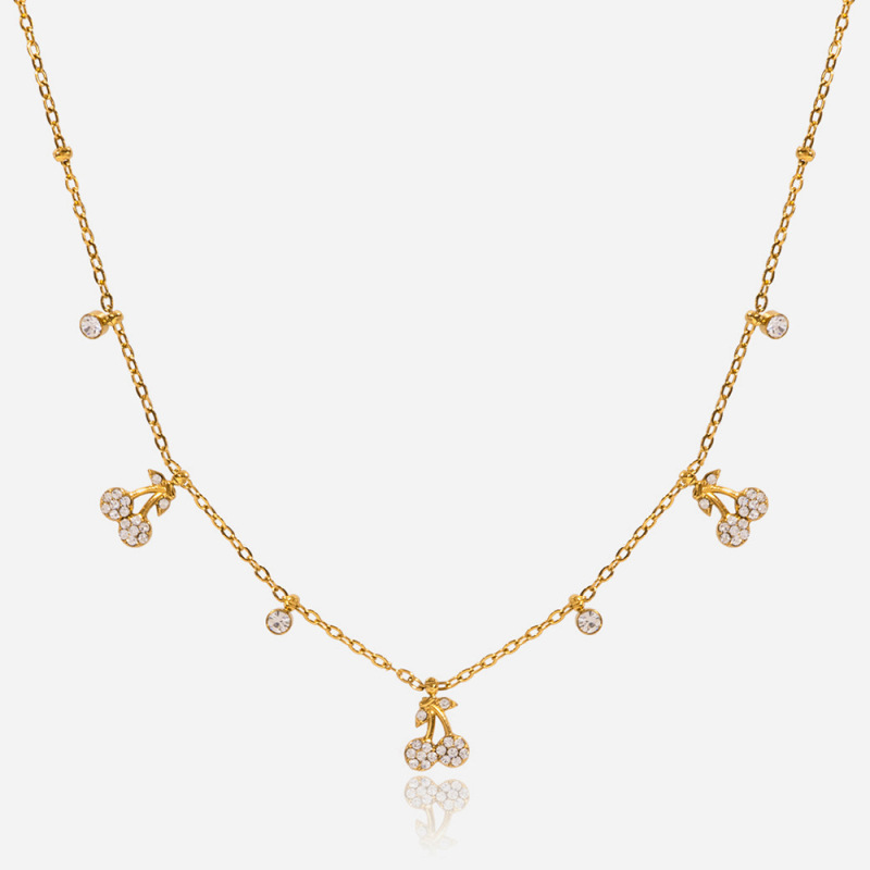 静かなデザインのクラシックなスタイルの 18 K ゴールドステンレス鋼ホワイトダイヤモンドチェリーペンダントネックレスステンレス鋼ジュエリー卸売|undefined