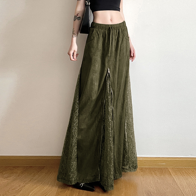 2026 New Model Green Retro Zipper Patchwork Lace Slimming Drawstring Waist Pocket Long Skirt for Women
