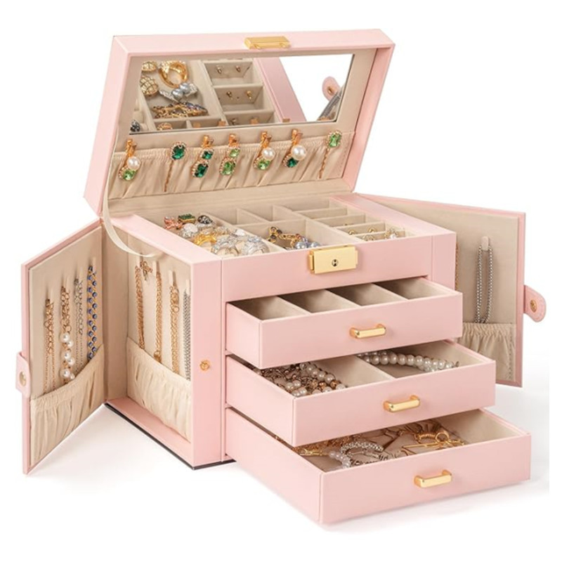 Cuatro capas de lujo de gran capacidad con espejo caja de joyería caja de almacenamiento de joyería pendientes tipo cajón collar caja de joyería