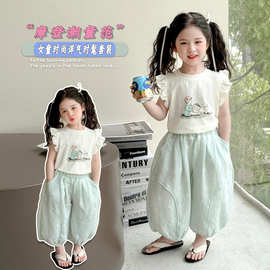 女童套装2025夏季新款儿童韩版女宝宝卡通短袖蝴蝶结束脚裤两件套