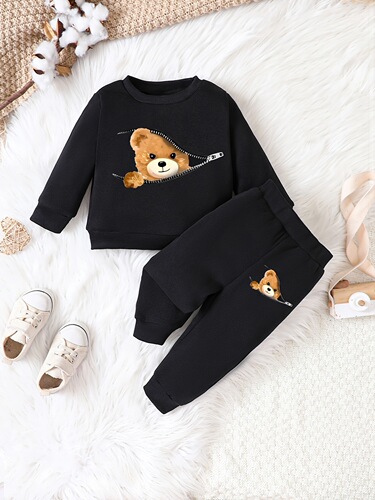 Cross-border INS Infants, children, boys and babies, spring and autumn, bear, hot print, long-sleeved top, trousers, black fashion set