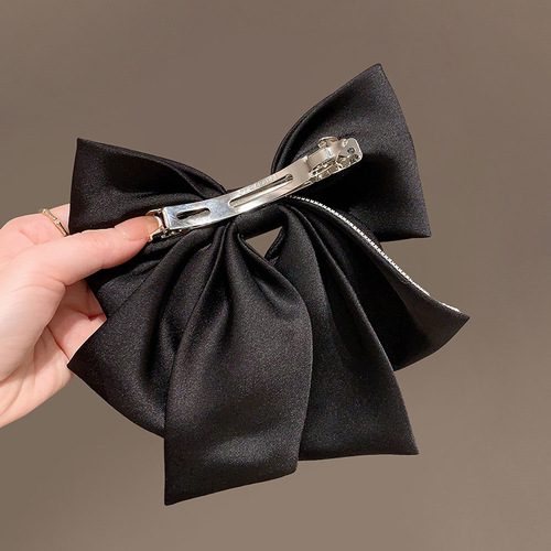 Elegant satin bow hair clip with diamond embellishments, back of head spring clip, stylish French retro hair accessory for women