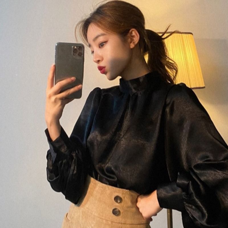 Korean chic Early Autumn French Fashion Stand Collar Stylish Versatile Lantern Sleeve High-end Silks and Satins Shirt Tops for Women