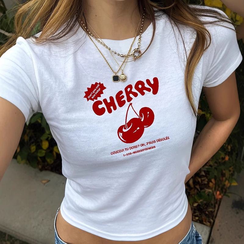 Europe and the United States cross-border foreign trade hot fashion short sleeve cherry printed T-shirt summer sweet and spicy tight short top