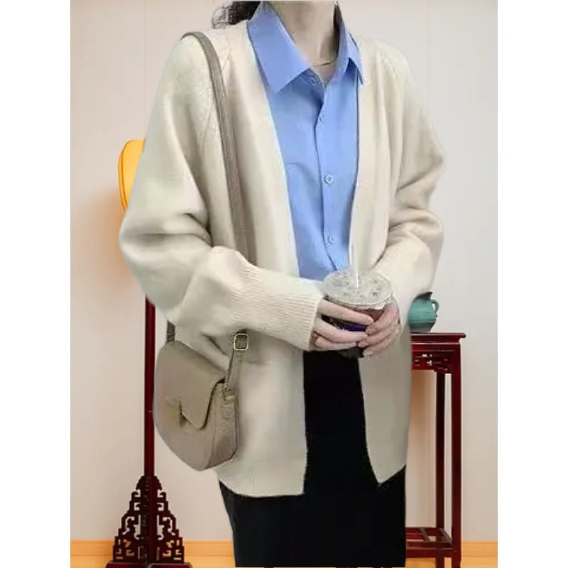 2025秋冬款日系复古毛衣外套长袖女士宽松慵懒风纯色针织开衫v领|undefined