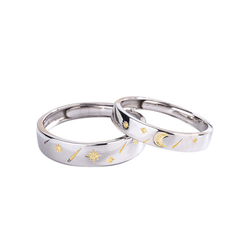 S925 sterling silver sun, moon and stars couple ring simple creative ring opening adjustable male and female pair of students