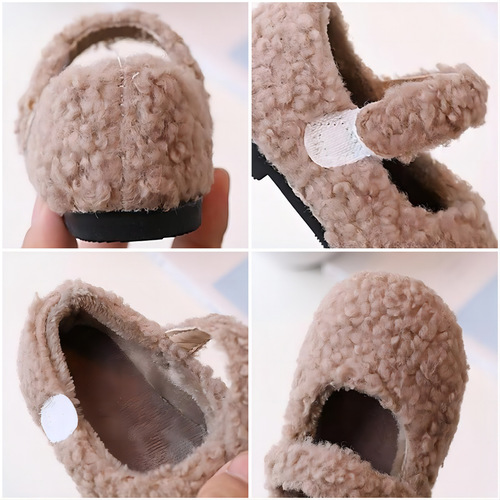 Girls furry shoes little girl plus velvet warm bean shoes  winter new Korean version retro princess shoes cross-border