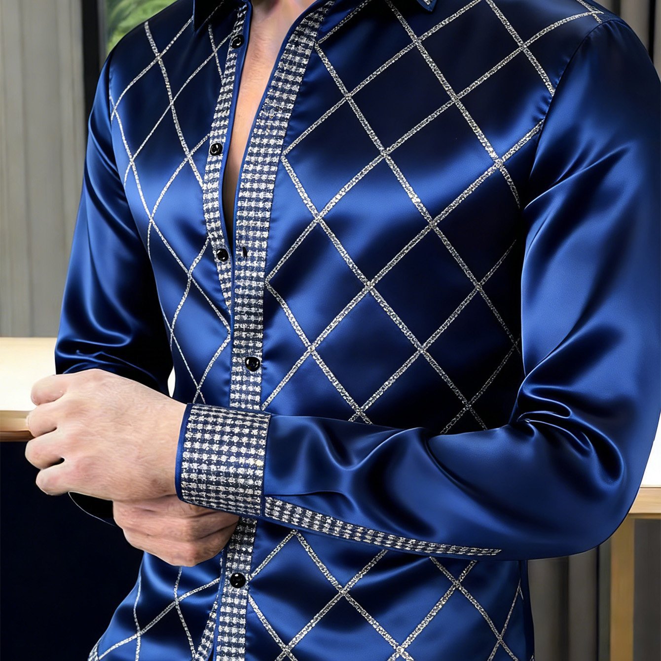 New Men's Glossy Long Sleeved Casual Shirt Digital Print V Neck Tight Cuffs Cotton Polyester Blend Black Gray White_viptrois.com