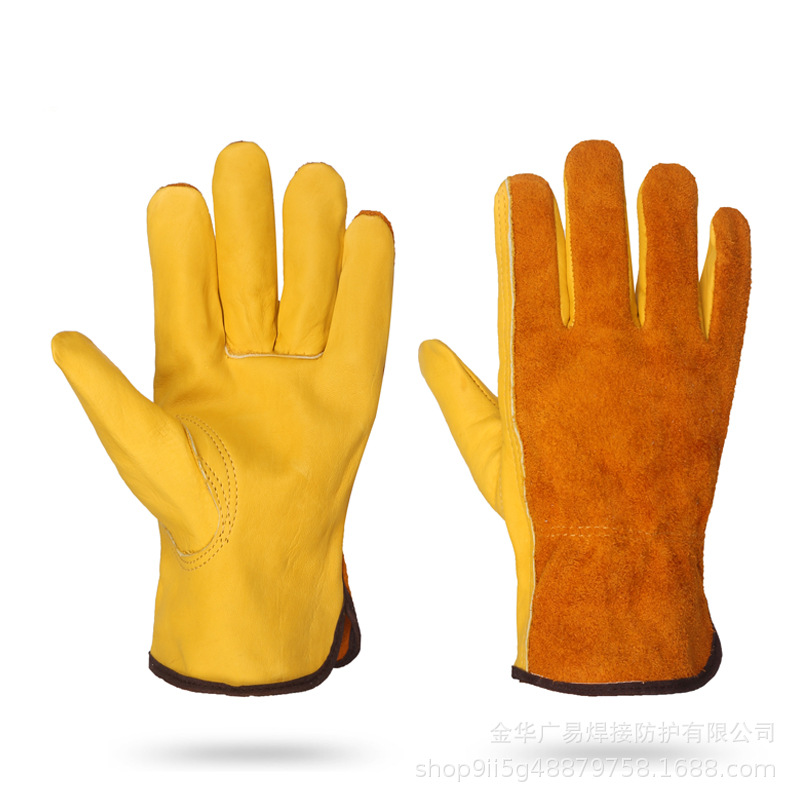 牛皮司机手套头层牛皮牛二层皮双色拼接防滑柔软工作保护手套